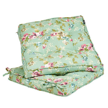 Set Of Two Green Floral Seat Cushions With Ties, 2 of 4