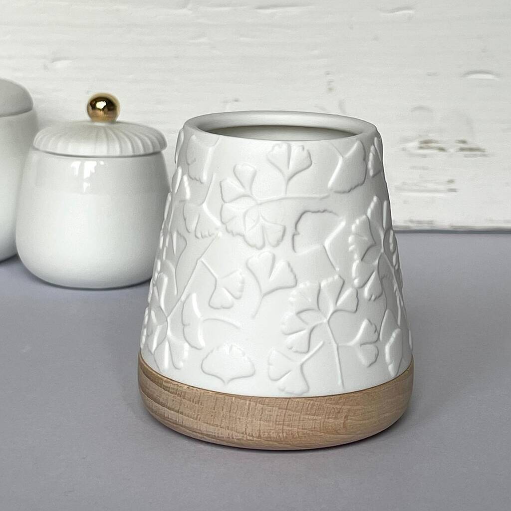 Porcelain And Beech Tealight Lantern With Gingko Design, 1 of 3