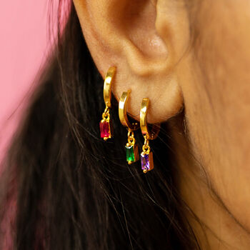Gold Plated Huggie Hoop Earrings With Baguette Stones, 12 of 12