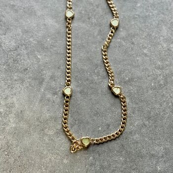 Gold Curb Chain Necklace With Three Pale Green Hearts, 3 of 4