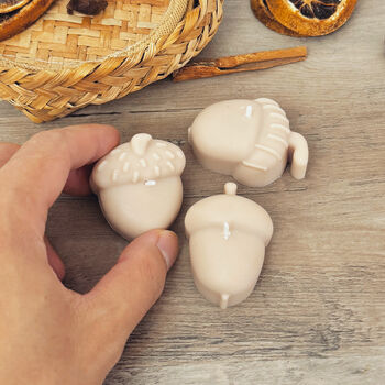 Set Of Three Beige Acorn Shaped Autumn Candles, 6 of 10