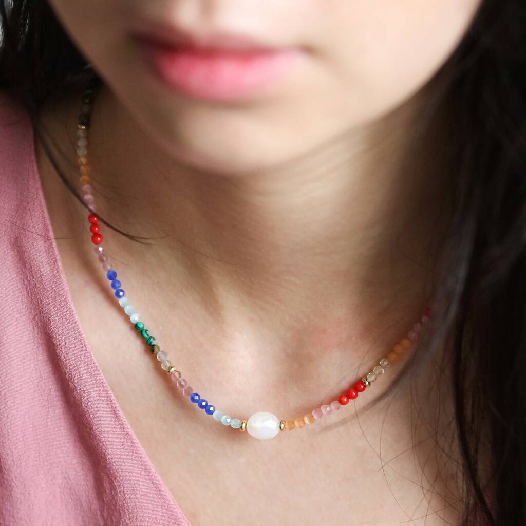 Rainbow Beads And Freshwater Pearl Necklace, 1 of 4
