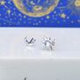 Mismatched Starburst And Moon Stud Earrings In Sterling Silver With Lab Moonstone, thumbnail 2 of 9