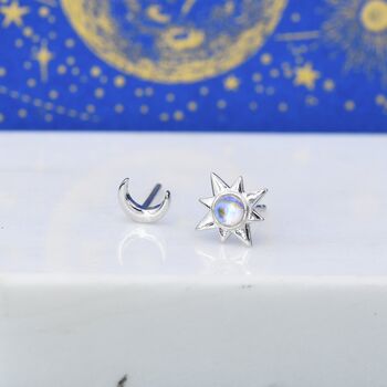Mismatched Starburst And Moon Stud Earrings In Sterling Silver With Lab Moonstone, 2 of 9
