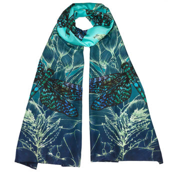 Dragonfly Lily Long Floral Silk Scarf In Teal And Blue, 3 of 6