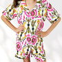 Ikat Print 100% Cotton Ladies Pyjama Short Set In White And Pink, thumbnail 3 of 6