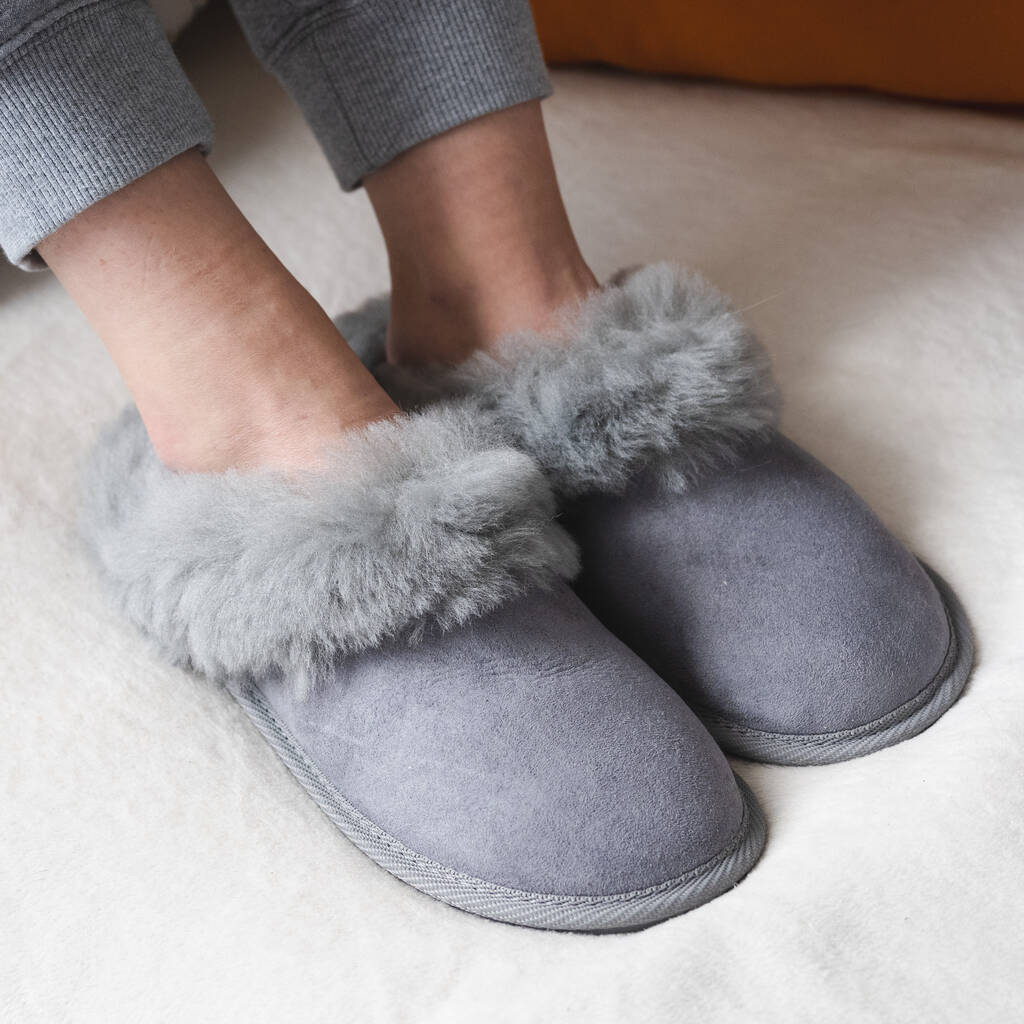 Women's 100% Natural Sheepskin Slippers In Grey, 1 of 5