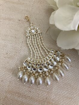 White Pearl Gold Plated Pearl Passa/Jhumar Headpiece, 2 of 6