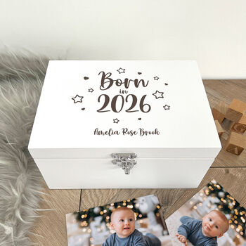 Personalised Born In 2026 Stars Engraved White New Baby Keepsake Box Three Sizes 22cm | 27cm | 30cm, 2 of 8