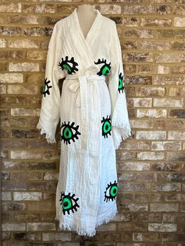 Long Organic Cotton Robe: White With Green Eye, 4 of 5