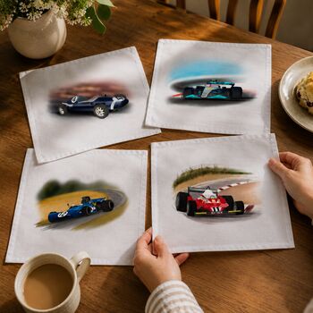 Set Of Four Handkerchiefs With F1 Racing Car Illustrations, 2 of 12