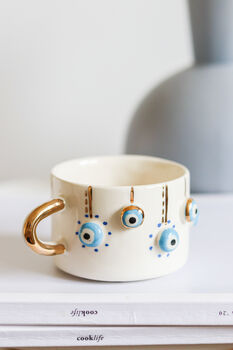 Handmade Evil Eye Ceramic Mug With Gold Handle, 350ml, 3 of 3