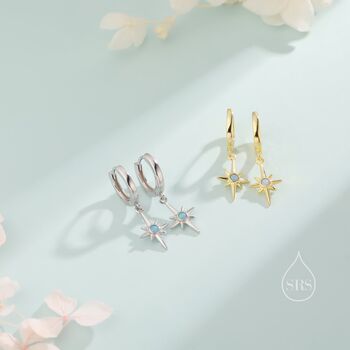 Sterling Silver Opal Starburst Huggie Hoop Earrings, 4 of 10