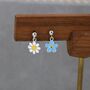 Mismatched Enamel Daisy And Forget Me Not Flower Drop Stud Earrings In Sterling Silver, thumbnail 5 of 11