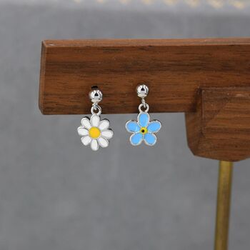 Mismatched Enamel Daisy And Forget Me Not Flower Drop Stud Earrings In Sterling Silver, 5 of 11