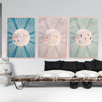 Birds Flying Sun Rays Boho Wall Art Pink Print, 3 of 4