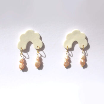 White Porcelain Scallop Edge Arch Pearl Earrings, 2 of 3