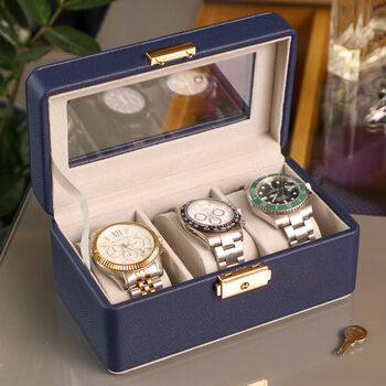 Luxury Blue Faux Leather Trio Watch Box, 4 of 12