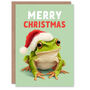 Cute Happy Green Frog In Santa Hat Christmas Card, thumbnail 1 of 4