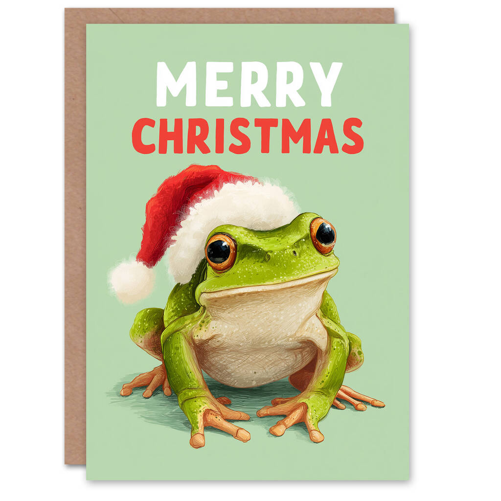 Cute Happy Green Frog In Santa Hat Christmas Card, 1 of 4