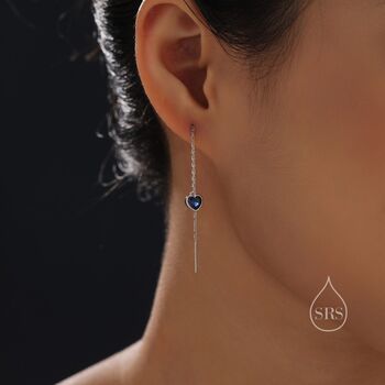 Tiny Sapphire Blue Cz Heart Threader Earrings, 4 of 11