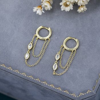 Sterling Silver Marquise Cz Crystal Chain Hoops Earring, 8 of 12