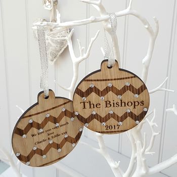 Mr And Mrs Double Sided Oak Bauble With Message, 4 of 4