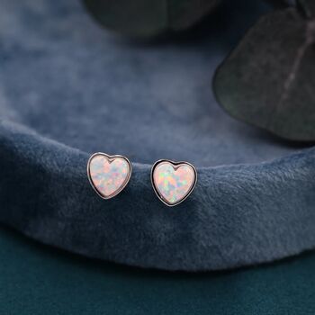 White Opal Heart Stud Earrings In Sterling Silver, 5 of 11