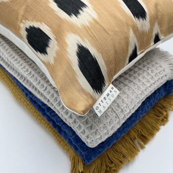 Square Ikat Silk Cushion Camel And Black Spot, 2 of 9