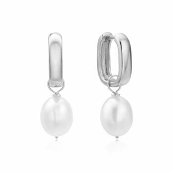 Gold Or Silver Thick Squared Hoop Pearl Drop Earrings, 5 of 7