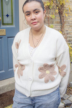 Cream Brown Crochet Applique Floral Cardigan, 6 of 7