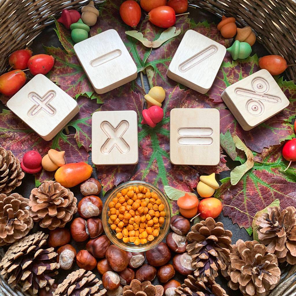 Image of Wooden Maths Symbols Cuboids In Natural Or Rainbow