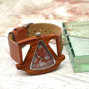 Sandalwood Engraved Wrist Watch Triangle Design, 2 of 3