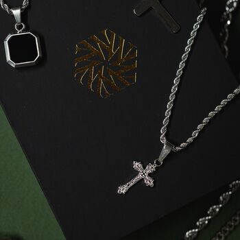 Mens Cross Necklace Silver Steel Vintage Cross Crucifix Pendant Necklace, 5 of 9