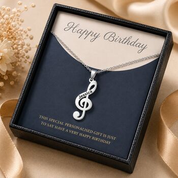 Personalised Treble Clef Music Note Necklace Engraved Name, 9 of 10