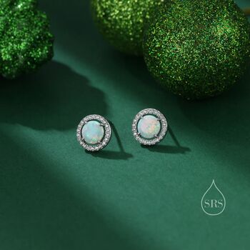 Opal Cz Halo Stud Earrings In Sterling Silver, 4 of 10