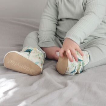 Dotty Fish Safari Cotton Baby Booties With Fleece Lining And Barefoot Soles, 4 of 9