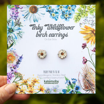 Inky Daisy Wildflower Wooden Stud Earrings, 5 of 11