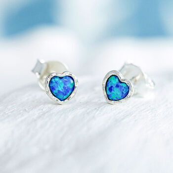 Molten Sterling Silver Blue Opal Heart Stud Earrings, 4 of 7