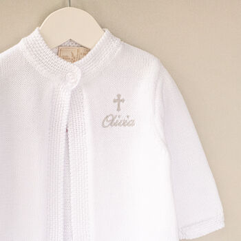 White Personalised Christening Matinee Cardigan With Cross, 2 of 12