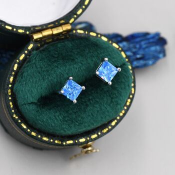 Princess Cut Aquamarine Blue Cz Stud Earrings, 3 of 12