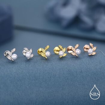 Sterling Silver Pearl Leaf 16 G Flat Back Earrings Internally Threaded, 2 of 11