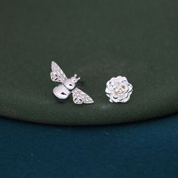 Sterling Silver Bee And Flower Stud Earrings, 2 of 6