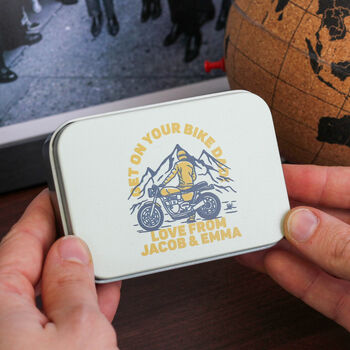 Personalised Motorbike Adventure Travel Tool Tin Gift For Him, 2 of 3
