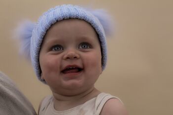 Personalised Baby Blue Double Pom Pom Winter Hat And Booties, 4 of 9