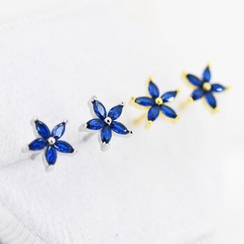 Sterling Silver Sapphire Blue Cz Flower Stud Earrings, 5 of 10
