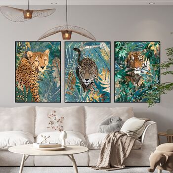 Jaguar Leopard Gold Green Jungle Leaves Wall Art Print, 2 of 5