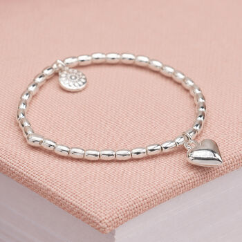 Sterling Silver Plated Bead Stretch Bracelet With Puff Heart Charm, 2 of 7