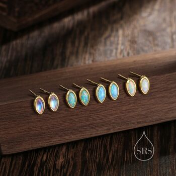 Sterling Silver Blue Opal Marquise Stud Earrings, 2 of 11