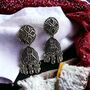 Geometric Oxidised Drop Dome Ethnic Jhumki Earrings, thumbnail 2 of 4